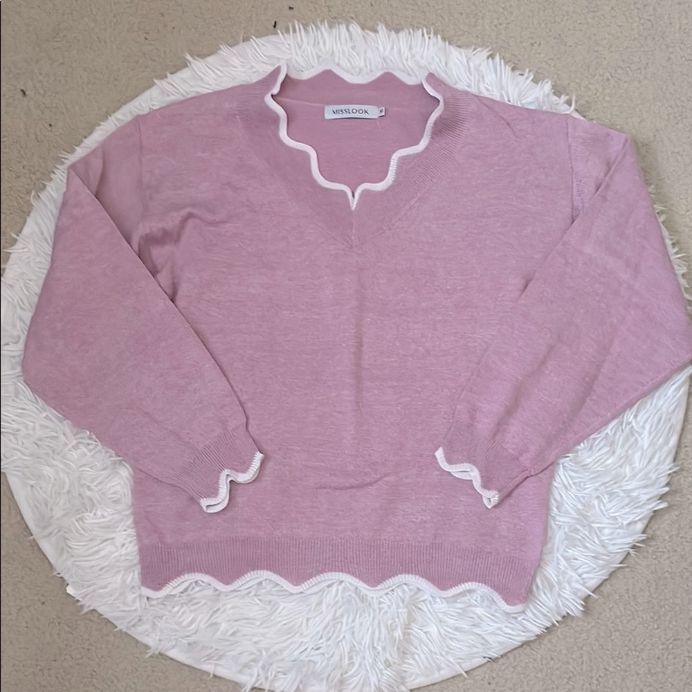 MISSLOOK Pink V-Neck Scallop Trim Sweater